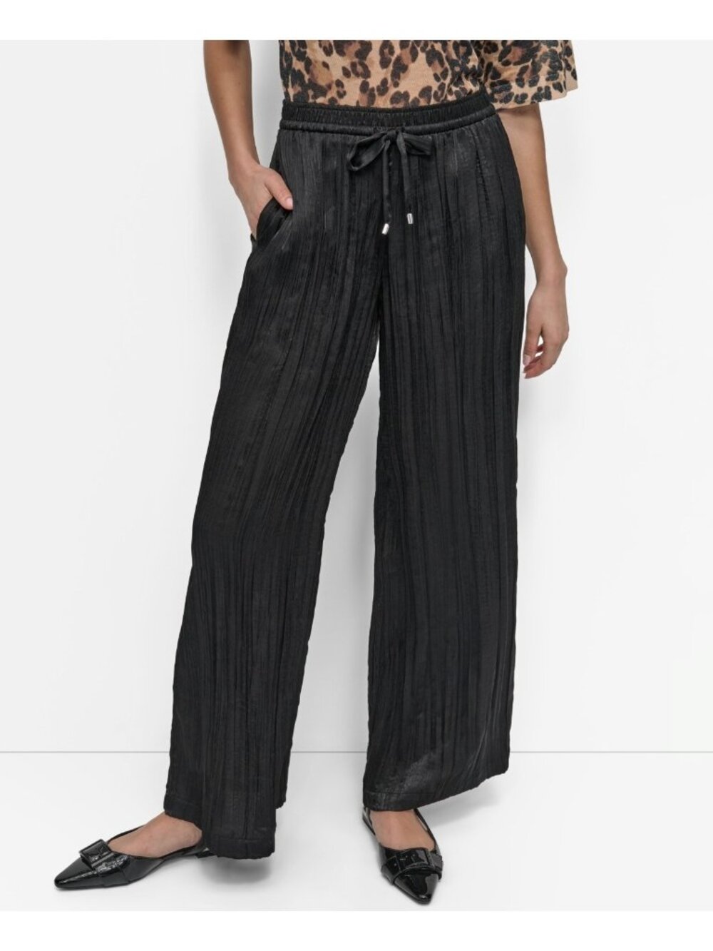 pockets polyesterDKNY Women's Crushed Crease Wide-Leg Pants Black Size XL $99